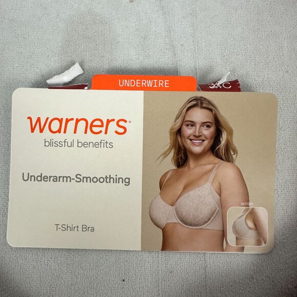 Warners Blissful Benefits Underwire Unlined Smoothing T-Shirt Bra 34C Beige Lace - Picture 2 of 7